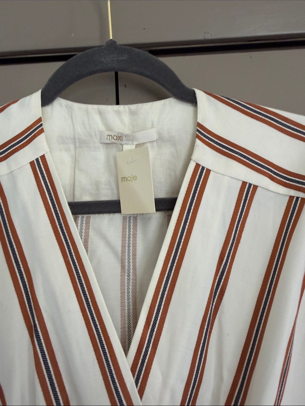 Maje Cream and Brown Striped Wrap Jumpsuit - Picture 5 of 7